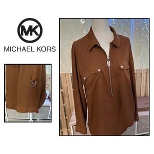 Michael Kors Zipper Long Sleeve Blouse Brown w/ Silver Hardware : Women Sz L